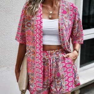 Boho Pink Paisley Open Front Kimono Top & Shorts Set
